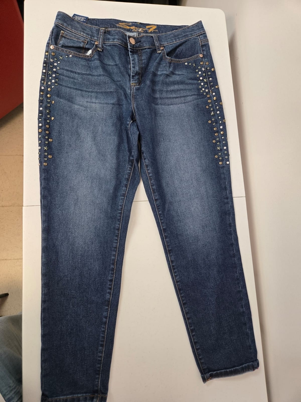 Seven7 Dark Blue Skinny Jeans with Side Stud Accents